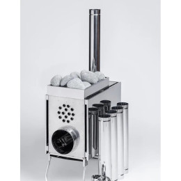 Печь "Инвент" малая со встроенным теплообменником с вентилятором 330x230x230 (нерж.сталь 0.8 мм) со стационарными экранами + короб для камней в сумке