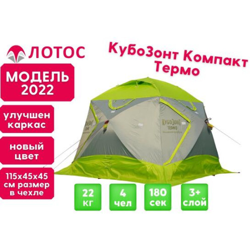 Утепленная зимняя палатка Лотос КубоЗонт 4 Компакт Термо (Серо-Салатовый) Модель 2022